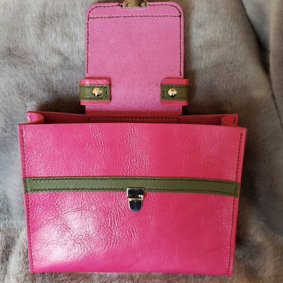 Pink and Olive Green Leather Top Handle Handbag - Picture 3 of 7